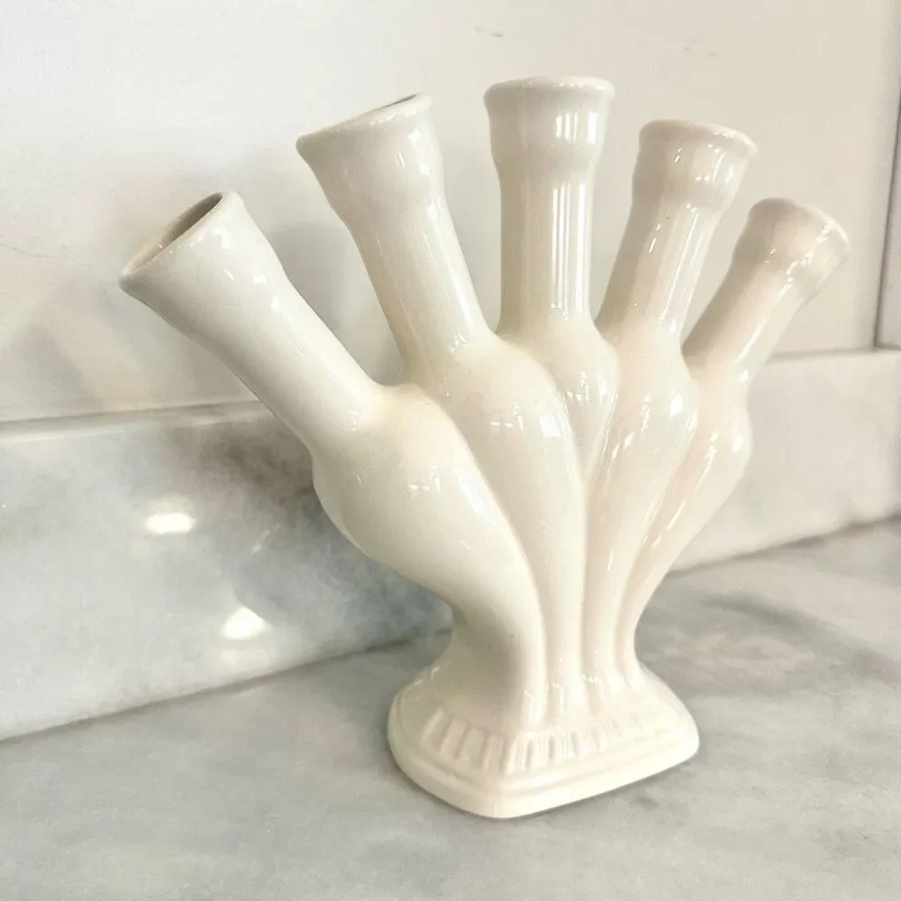 Antique Spode England Five Finger Bud Ceramic Flower Tulip Vase Solid White  9.2